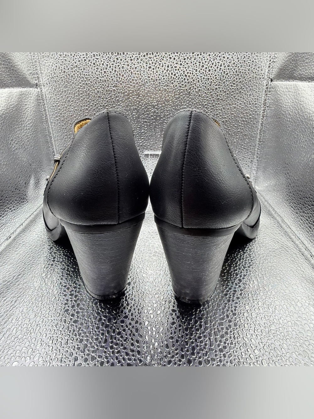 Natural Soul Black Leather Heeled Ankle Booties with Strap - Picture 4 of 14